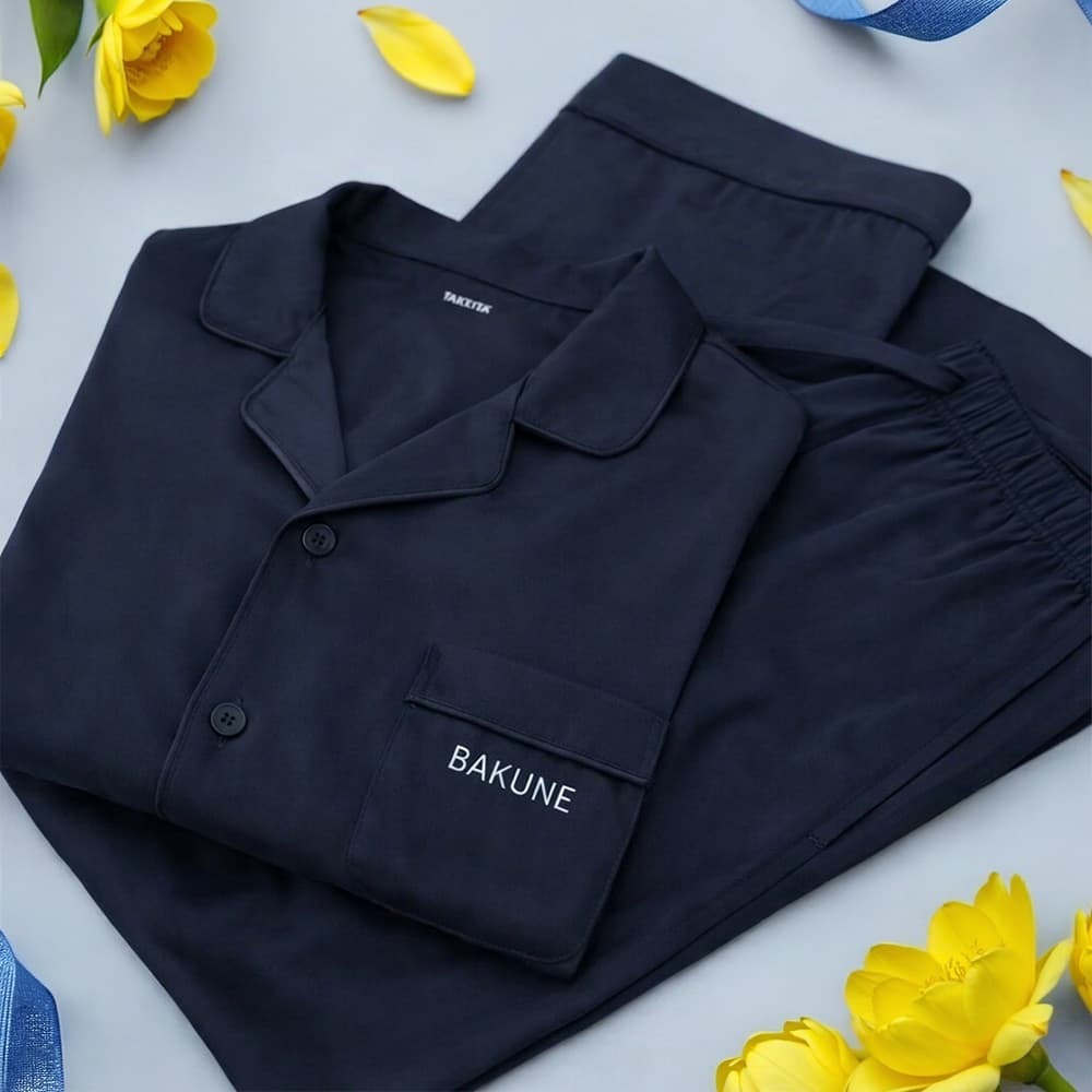 リカバリーウェア BAKUNE パジャマサテン上下(Unisex) ネイビーL e