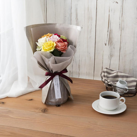 ホシファーム 届いた姿でそのまま飾れるスタンディング薔薇ブーケ カラフル8本　eギフト